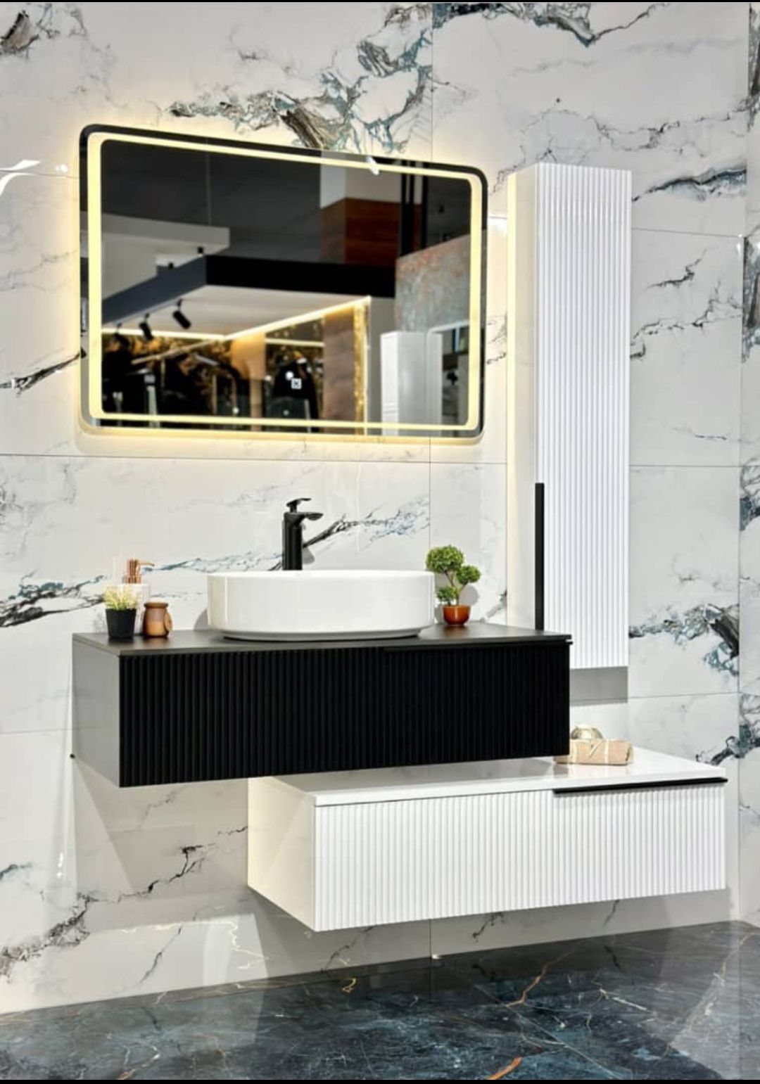 ست روشویی کابینتی  با طراحی مدرن  بامبوسفید مشکی  آرکامن- R156