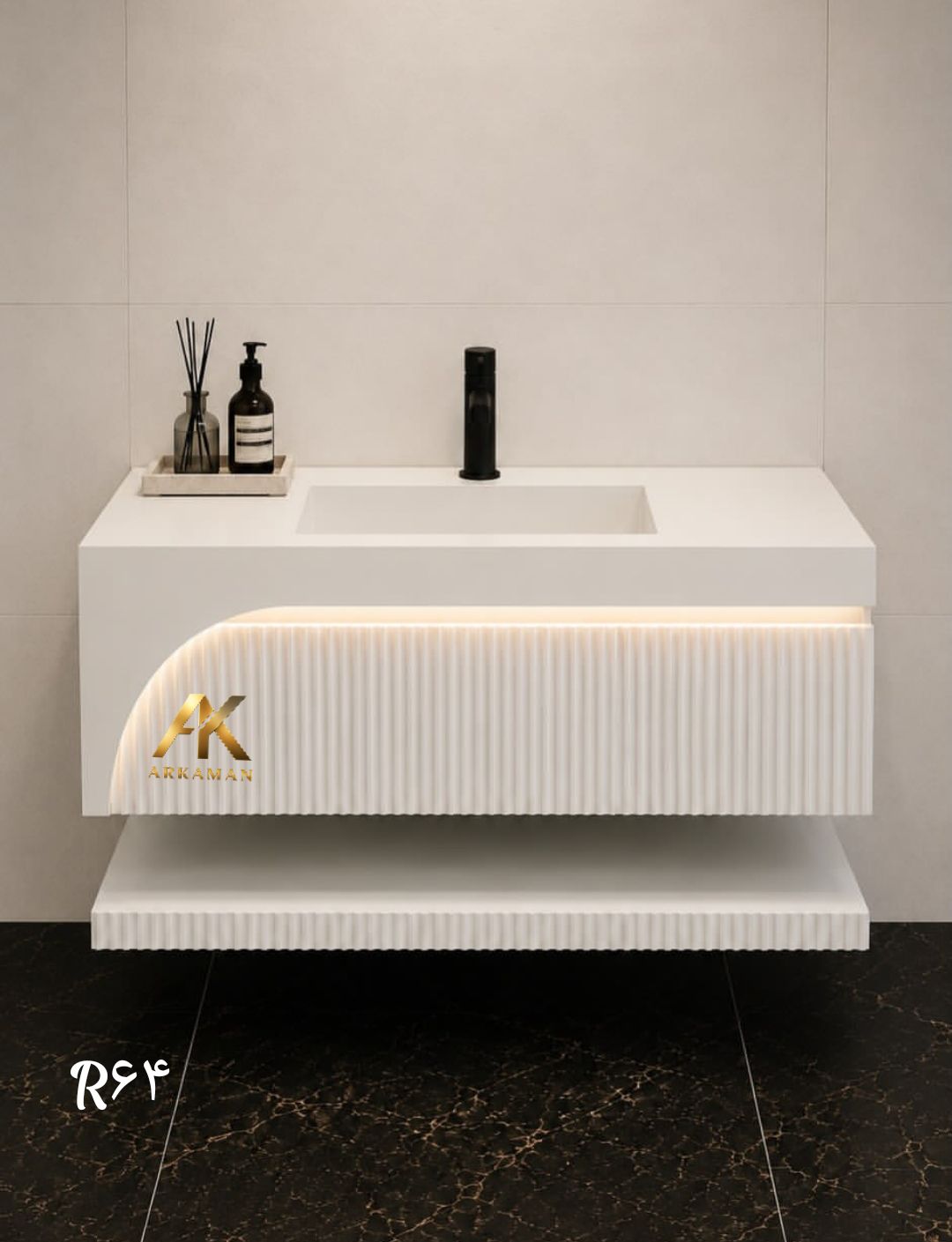 روشویی کابینتی دیواری PVC  با شلف وصفحه سرامیک پرسلانی  مدل مدرن آرکامن- R64