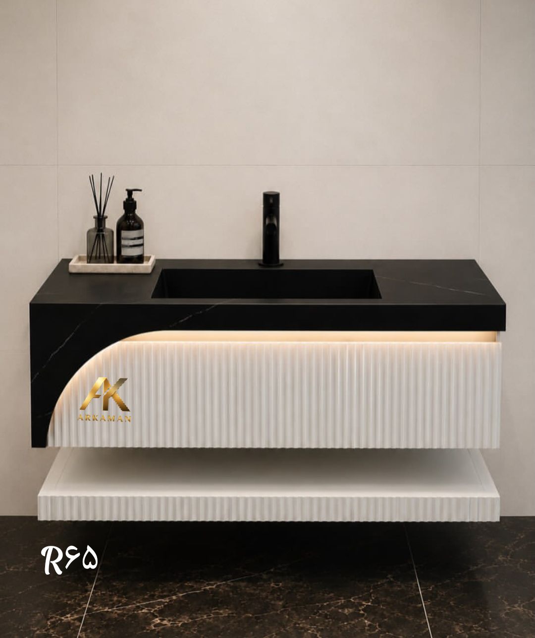 روشویی کابینتی دیواری PVC  با شلف و صفحه سرامیک پرسلانی  مدل مدرن آرکامن- R65