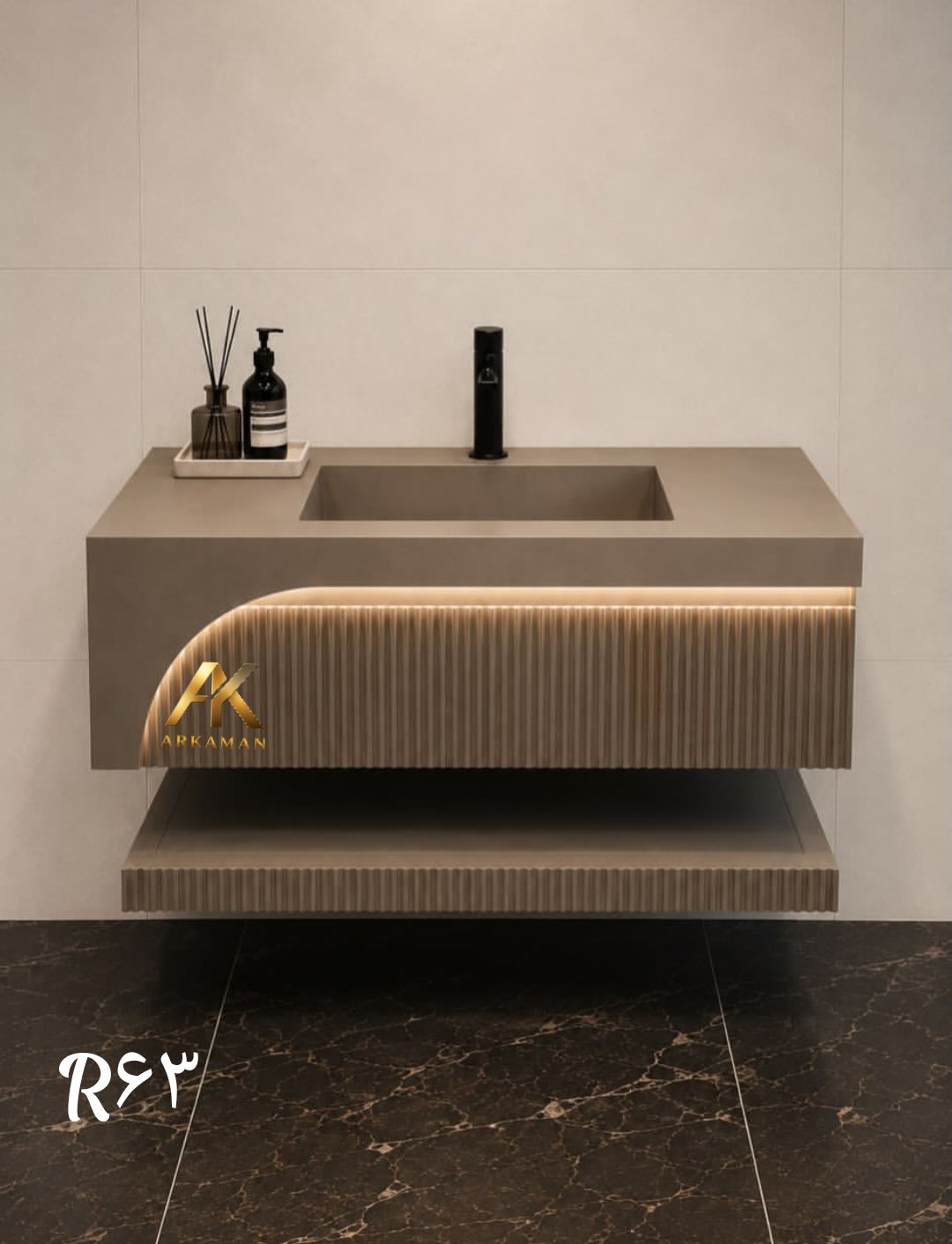 روشویی کابینتی دیواری PVC  با شلف و صفحه سرامیک پرسلانی  مدل مدرن آرکامن- R63