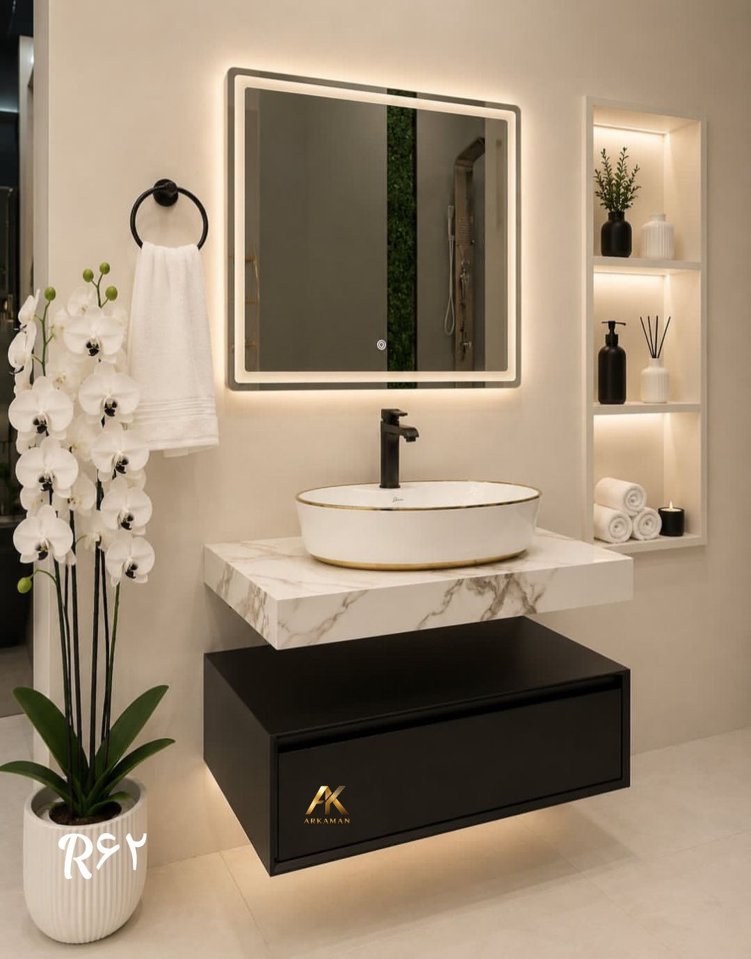 روشویی کابینتی دیواری PVC  صفحه سرامیک پرسلانی  مدل مدرن آرکامن- R62