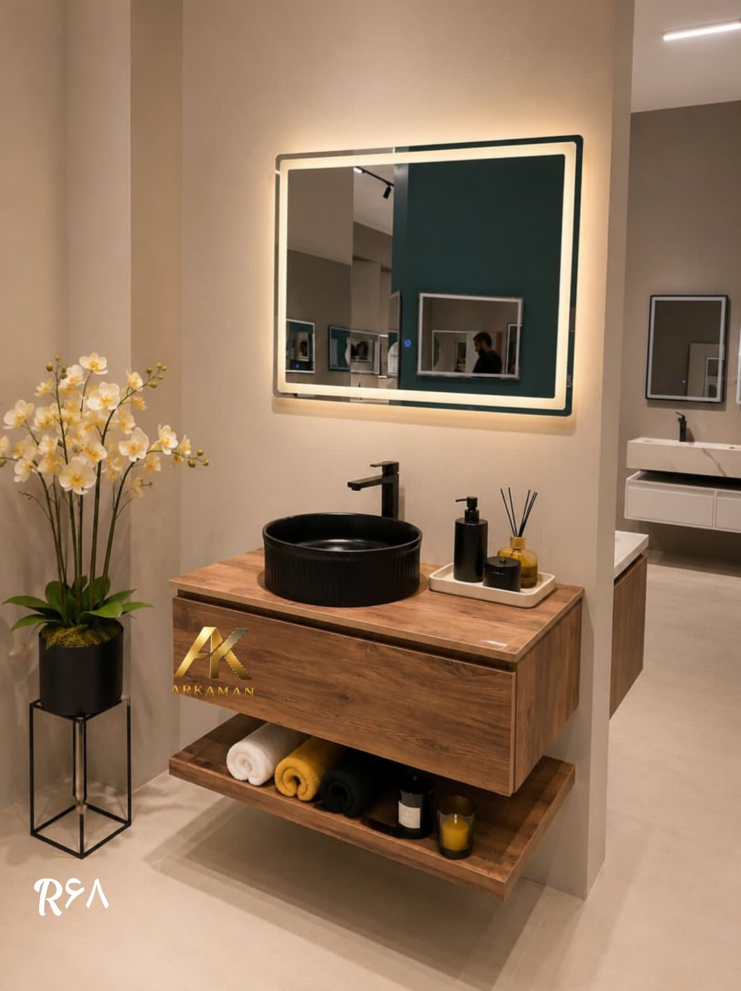 روشویی کابینتی طرح چوب  با کاسه روکار مشکی  آرکامن مدل- R68
