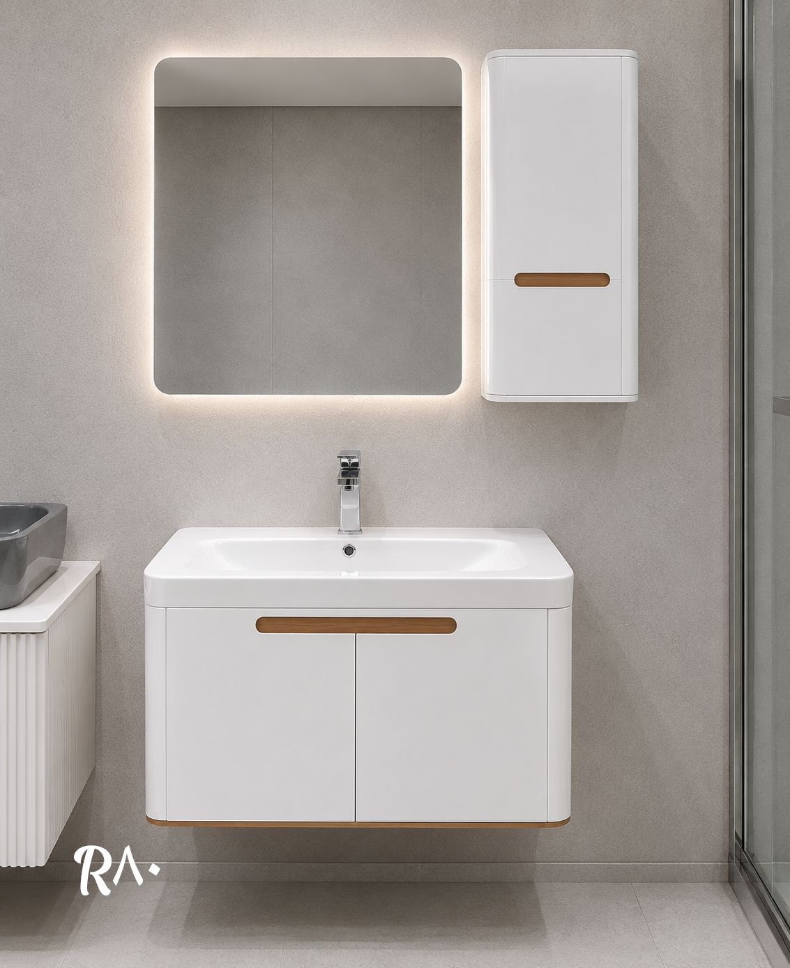 روشویی کابینت PVC سفید چوب با باکس دیواری آرکامن مدل- R80